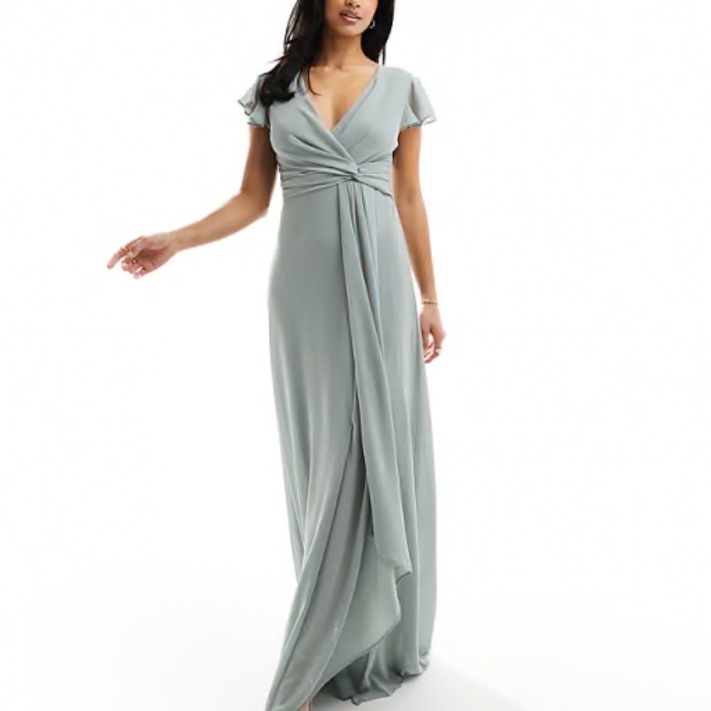 ASOS Green Flutter Sleeve V-Neck Maxi Gown